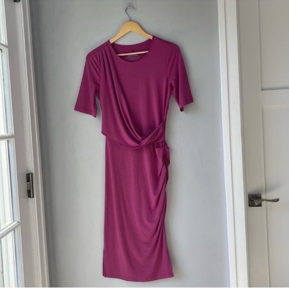 Betabrand Fuchsia Mock Wrap Midi Dress